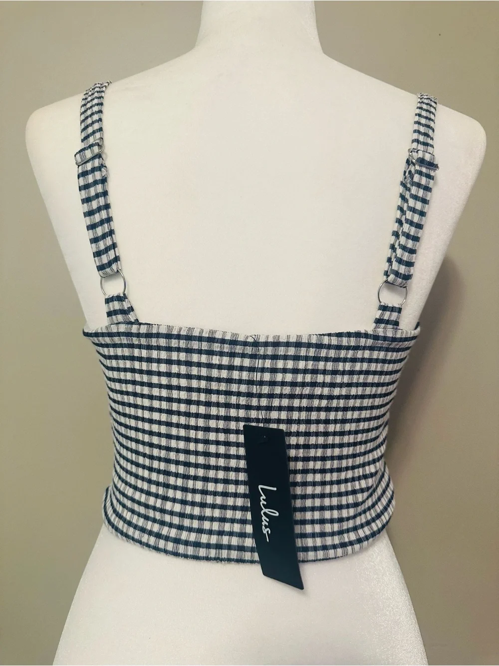 NWT Navy Blue Gingham Square Neck Cropped Tank Top - Small